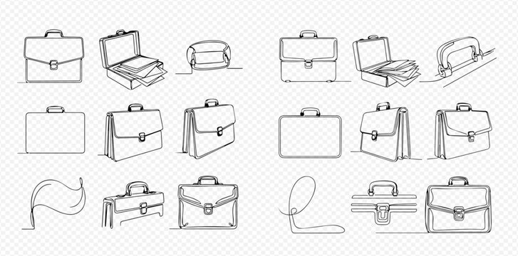 Set of hand-drawn briefcases in various poses and perspectives, continuous line art style.