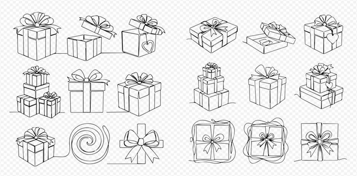 Continuous line art illustration set featuring various gift boxes, bows, and wrapped presents for celebrations.