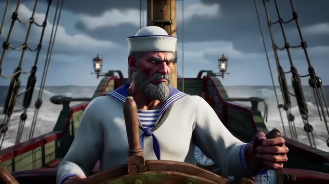 Sailor at helm of ship, sailing through storm, stormy sea in background, suitable for adventure
