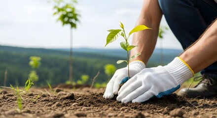 Close up planting some tree seedlings hands wearing white gloves in fertile land with forest hills in the background