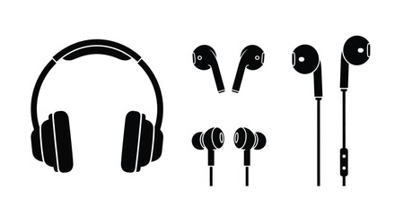 Various types of headphones and earbuds in a black and white design