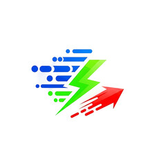 A dynamic abstract symbol featuring a vibrant green lightning bolt, red arrow, and blue streaking lines on a black background