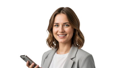 Businesswoman smiling while holding a smartphone in a bright, studio setting during the day