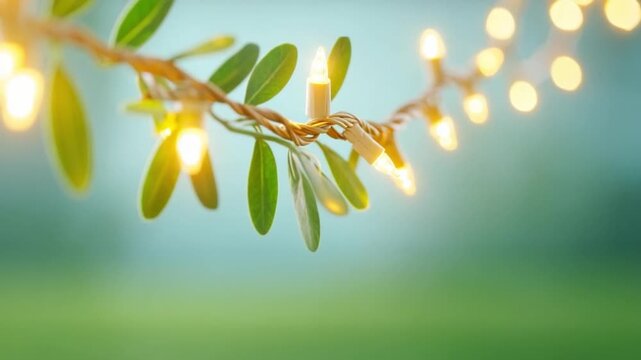 Illuminated Branch: A close-up shot of a verdant branch adorned with a string of soft, glowing lights against a blurred backdrop, creating an atmosphere of warmth and festivity.