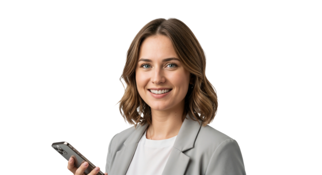 Businesswoman smiling while holding a smartphone in a bright, studio setting during the day
