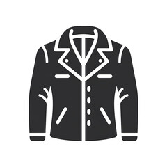 A flat, stylized icon depicts a dark, buttoned jacket with a white collar and lapels, front view, isolated against black