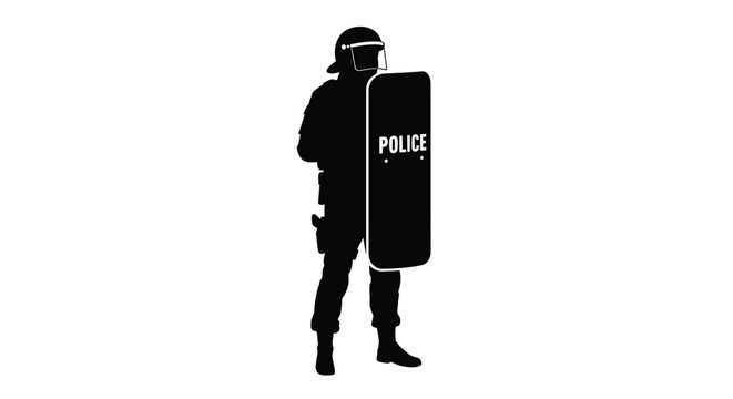 Silhouette of a police officer standing with a riot shield