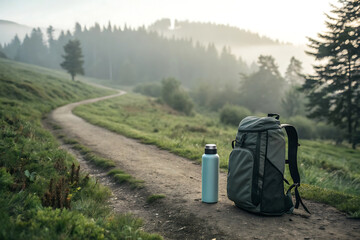 Backpack and water bottle on a hiking trail