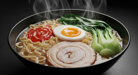 Steaming Hot Ramen Bowl Appetizing Japanese Noodle Soup Boiled Egg Chashu Bok Choy Red Paste Black Bowl Dark Background
