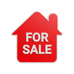 Red house for sale sign board isolated on white background, 3d render