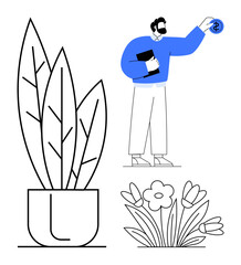 Man in blue sweater holds dollar coin and notebook, next to large potted leaves and blooming flowers. Ideal for finance, growth, sustainability, saving, investment, gardening minimalism. A simple