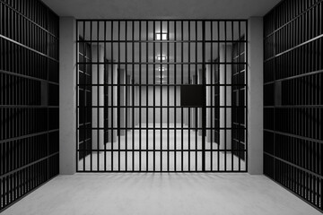 Empty Prison interior. Jail cells and shadows, prison corridor, Justice concept. 3d render