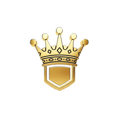 A golden crown atop a shield emblem, rendering a royal visual. The design has ornate details against a stark black background