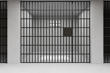 Empty Prison interior. Jail cells and shadows, prison corridor, Justice concept. 3d render