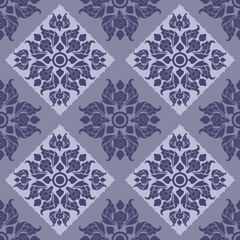 Elegant vector collection of Thai traditional floral patterns (Lai Thai) in a sophisticated purple and lilac color palette. Features a seamless background, an ornate frame, and decorative borders