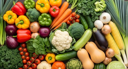 Close up photo of a collection of various types of fresh colorful vegetables such as cucumbers, onions, tomatoes, carrots, broccoli, eggplant and peppers neatly arranged on the table.