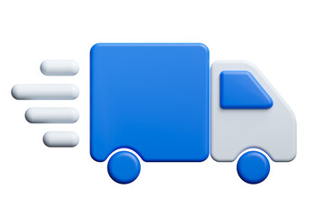 Blue truck delivery icon isolated on white background. Express delivery, shipping, quick move. 3d render