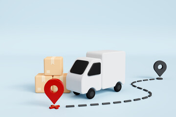 White truck, box, path, tracking on blue background , logistics concepts, order delivery service. 3d render

