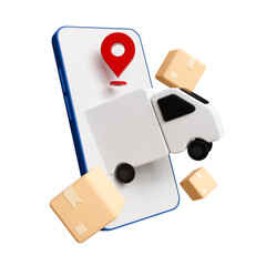Delivery Truck Leaving Mobile phone Screen with Pins Showing Destination Location, Floating Boxes isolated on white background, Online Delivery Service Concept. 3d render
