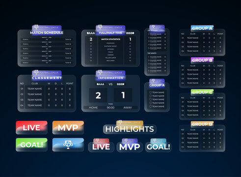 Football league glassmorphism UI with dark background, glowing panels, and match scoreboard, team stats, and live notification elements for sports app design.