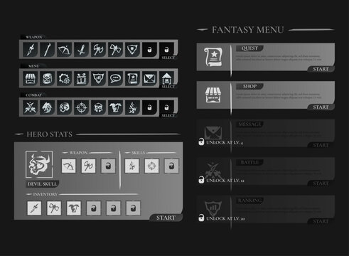 RPG fantasy menu interface with hero stats, weapon selection, skill icons, and unlock level system in dark minimalist design.