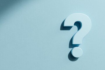 Blue Question mark on blue wall background, banner, copy space. 3d render
