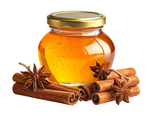 A jar of golden honey is surrounded by cinnamon sticks and star anise against a black background