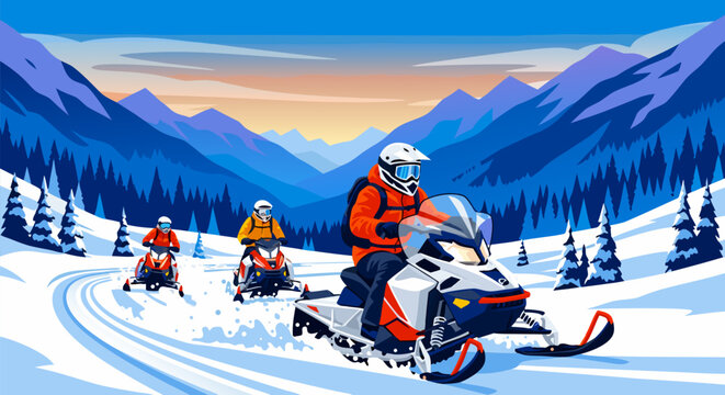 Exciting snowmobile expedition through a breathtaking winter wonderland, showcasing outdoor adventure and recreational sport in scenic mountains