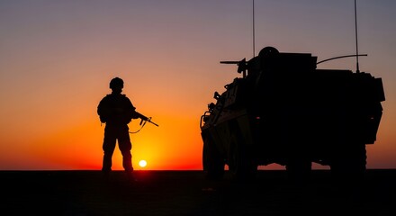 Photo of Contrast Composition of Silhouette of Soldier holding weapon and Fleet of cars next to him in Sunset Atmosphere