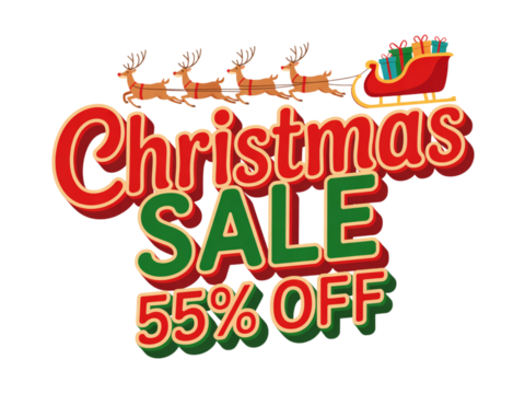 Unwrap incredible savings this holiday season with a festive 55% OFF Christmas sale featuring Santa's sleigh and reindeer, perfect for all your festive promotions and marketing campaigns.