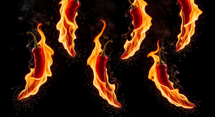 Fiery Chili Peppers A Spicy Culinary Explosion in Flames Against a Black Background