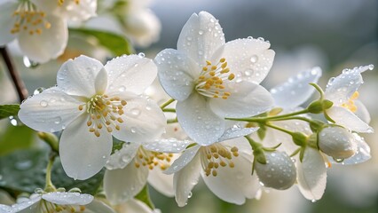 Obraz premium Closeup of delicate white jasmine flowers with water droplets, showcasing their intricate details and fresh, clean beauty after a gentle rain