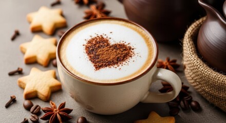 Delicious cappuccino with heart-shaped cocoa and star-shaped cookies