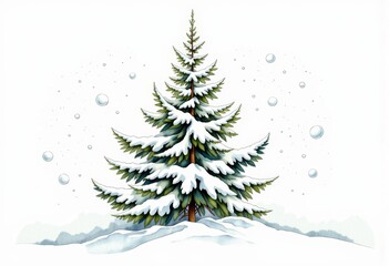 Obraz premium Serene Winter Landscape with Snow-Covered Evergreen Tree Amidst Gentle Falling Snowflakes Against a Soft White Background
