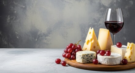 Delicious cheese and wine pairing with grapes on a wooden board