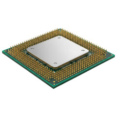 High Performance CPU Processor With Golden Pins, Cut Out, Clipping Path, Isolated on a Transparent PNG Background.