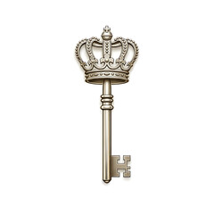 A metallic key, topped with a detailed crown, set against a stark black background. It is a symbol of power and access