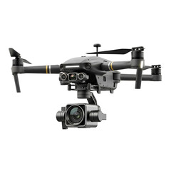 A modern, sleek, dark-grey aerial drone, equipped with multiple cameras, propellers, and a sophisticated sensor system, isolated on black