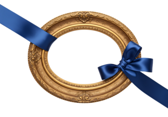 Elegant gold oval frame with blue ribbon gift accent