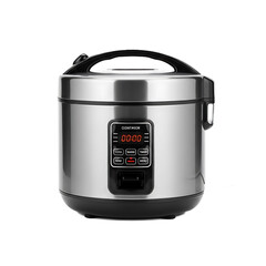 A modern, stainless-steel appliance with a digital display, buttons, and a dark, rounded lid. It sits against a black background