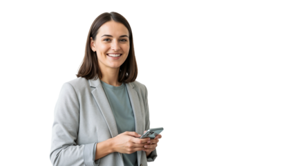 Professional woman smiling while using her smartphone in a bright, minimalistic setting