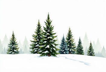 Naklejka premium Serene Winter Landscape Featuring Snow-Covered Pine Trees in a Peaceful Forest Setting with Tranquil Pathways and Softly Fallen Snow Blanketing the Ground