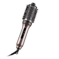 A modern styling tool with a rotating brush head and ergonomic handle, designed for professional-looking hair styling