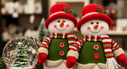 Two cheerful snowmen with santa hats and festive scarves stand next to a snow globe