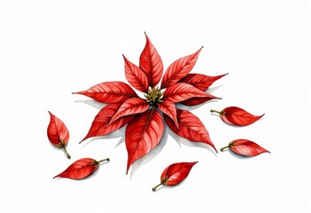 Captivating Illustration of a Vibrant Red Poinsettia with Lush Leaves on a Clean White Background for Seasonal Decoration