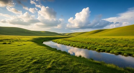 Green summer landscape with grass and sky, beautiful nature view