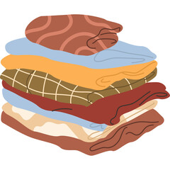 A Stack of Folded Laundry In Various Warm Colors And Patterns Such As Brown Plaid And Swirls On A Transparent Background Representing Cleanliness And Domestic Chores