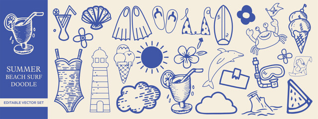 Hand drawn Summer Beach and Surf Vector Doodles with Tropical Elements