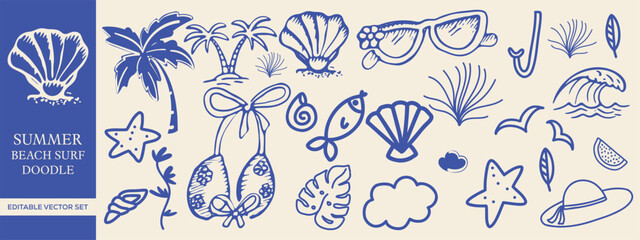 Hand drawn Summer Beach and Surf Vector Doodles with Tropical Elements