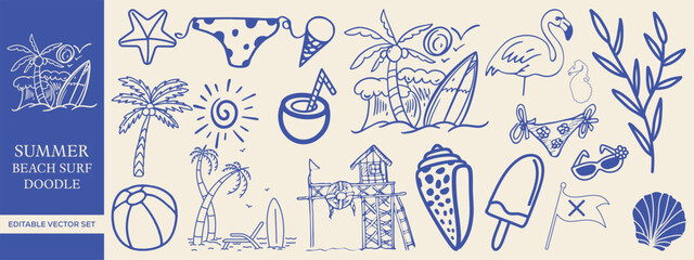 Hand drawn Summer Beach, Surf, and Tropical Doodles with Elements like Palm Trees, Ice Cream, Surfboards, and Sun